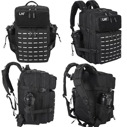 LHI Tactical Military Backpack for Men 25L/45L Large Molle Army Assault Pack 3 Day Hiking Rucksack With Bottle Holder - color: Black, size: 45L