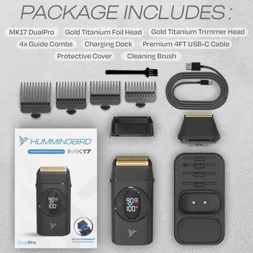 HUMMINGBIRD MK17 DualPro Foil Shaver & Beard Trimmer for Men – Gold Titanium Blades, Turbo Shaving & Torque Control, Metal Body, Digital Battery & RPM Display, Wet/Dry, USB-C & Wireless Charging Dock - size: MK17 DualPro