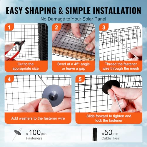VEVOR 6 inch x 100ft Solar Panel Bird Guard, Critter Guard Roll Kit with 100pcs Aluminum Alloy Fasteners, Solar Panel Guard with Rust-Proof PVC Coating, Max 1/2 inch Wire Roll Mesh - size: 6in x 98ft with 100pcs Fasteners, 50pcs Tie Wires