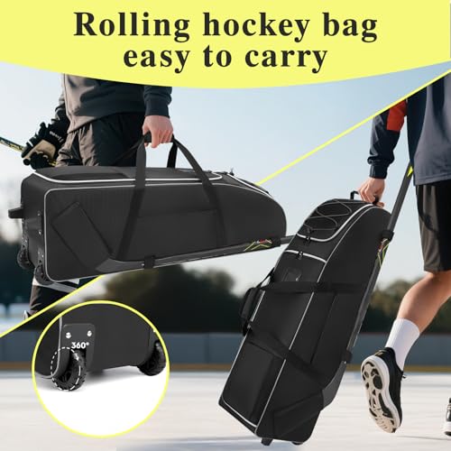 41-Inch Hockey Bag with Wheels, Large Ice Hockey Duffel Travel Bag for Equipment & Gear, 2 Sticks Field Hockey Bag with Separate Shoe Compartment (Black)