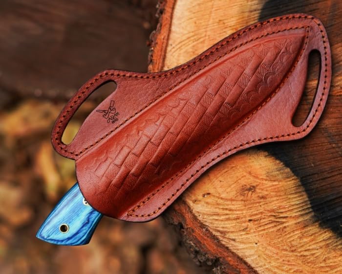 Fixed Blade Damascus Steel Hunting Knife with Leather Sheath, 9'' Full Tang Hunting Skinning Knife,Non-Slip Wooden Handle,Camping Blade - color: Sky Blue