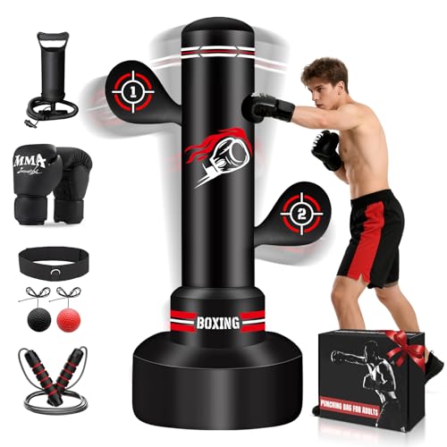 Heavy Freestanding Boxing Bag with Gloves, Pump and Jump Rope, Reflex Ball - color: Red and White