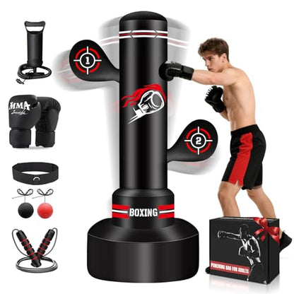 Heavy Freestanding Boxing Bag with Gloves, Pump and Jump Rope, Reflex Ball - color: Red and White
