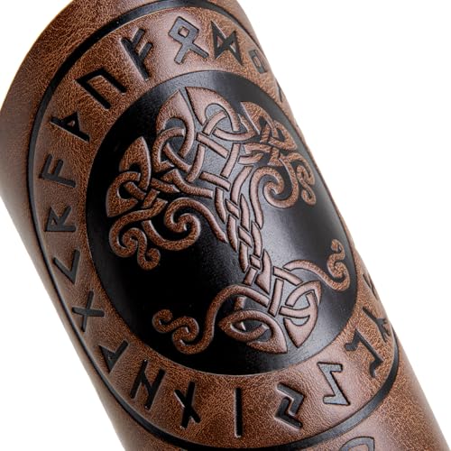 Leather Bracers for Men - Viking Embossed Medieval Arm Archery Guard Gauntlet Costumes - color: Hbr059-tree Brown