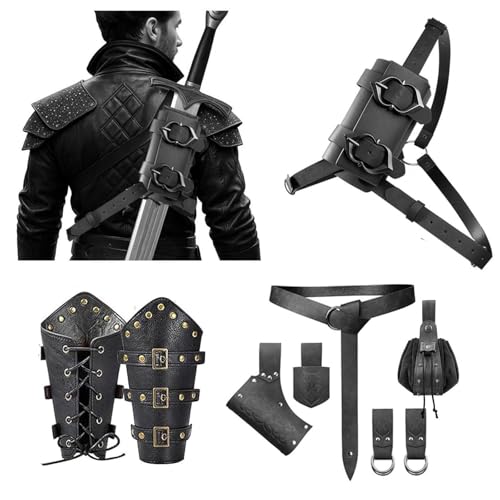 SUMGOGO Medieval Back Sword Frog Holder Arm Bracer Belt and Belt Pouch Hook Viking Warrior Costume Renaissance Accessory Prop - color: Black