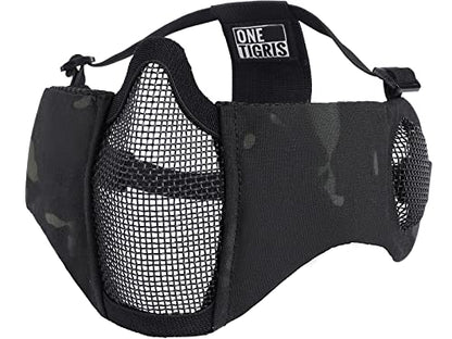 OneTigris Foldable Airsoft Steel Mesh Half Face Mask with Ear Protection - color: Camo Black