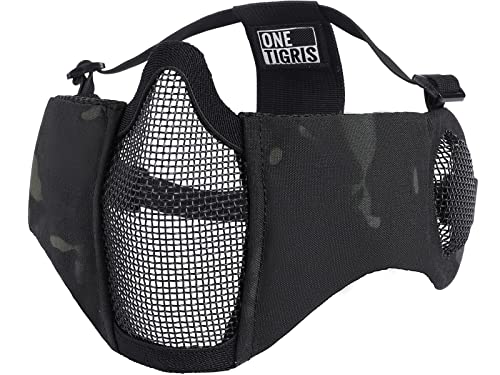OneTigris Foldable Airsoft Steel Mesh Half Face Mask with Ear Protection - color: Camo Black