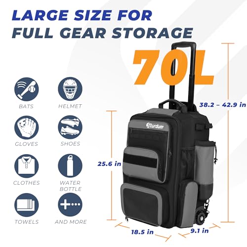Rolling Baseball Bag with Wheels, 70L Baseball Backpack - color: Grey