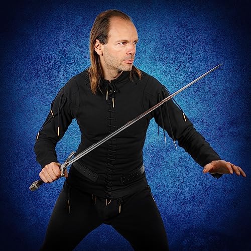 Mythrojan Late Medieval Padded Arming Doublet Gambeson with Brass Aiglets, Ideal for Knightly Medieval Reenactment LARP - color: Black, size: X-Small