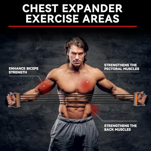 Adjustable Chest Expander with 5 Removable Tubes, 4 Resistance Levels Forearm Strengthener Arm Trainer for Chest Back Shoulder Muscles, Home Gym Upper Body Workout Equipment for Men Women