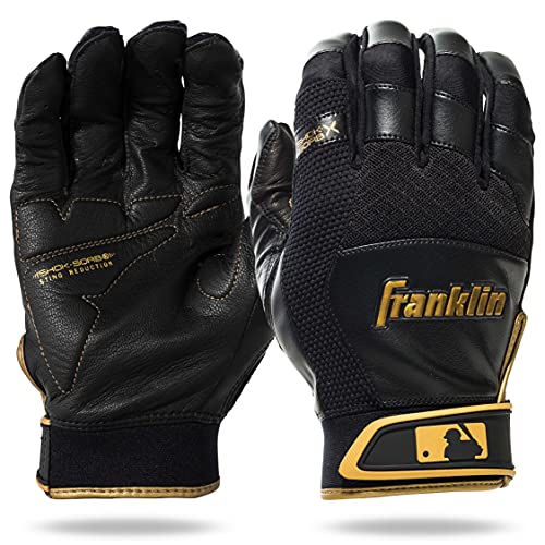 Franklin Sports MLB Baseball Batting Gloves - Shok-Sorb X Batting Gloves for Baseball + Softball - Adult + Youth Padded Non-Sting Batting Glove Pairs - Multiple Colors + Sizes - color: Black/Gold, size: Adult Medium