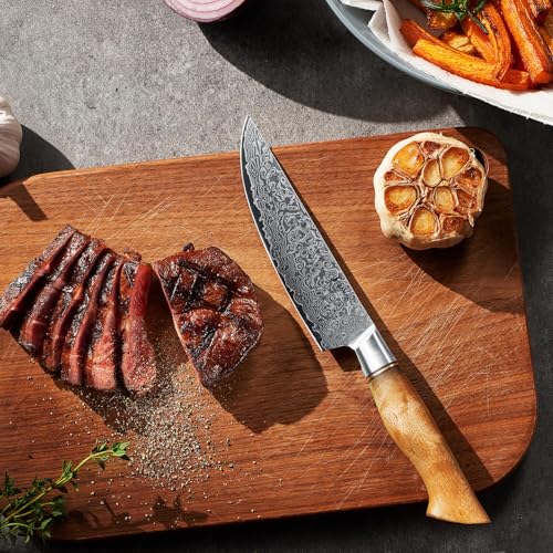 SENKEN 6-Piece Damascus Steel Steak Knife Set - Non-Serrated Steak Knives with Sycamore Wood Handles - The Dynasty Collection - 67-Layer Japanese VG10 Steel (6-Piece Steak Knife Set) - size: 6-Piece Steak Knife Set