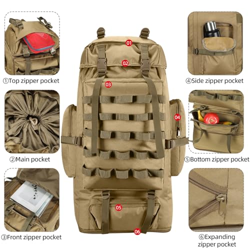 70L/100L Camping Hiking Backpack with Rain Cover, Expandable Large Military Tactical Backpack, Waterproof Molle Rucksack Travel Backpacking Daypack for Climbing Trekking (Khaki) - color: Khaki