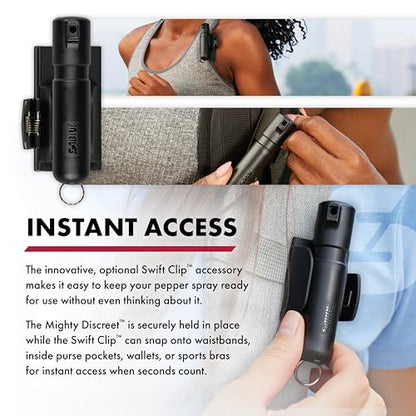 SABRE Mighty Discreet Pepper Spray with Snap-Clip Keychain - Pocket Size for Running, Walking, Keys & Travel, Fits in Small Bags & Purses, Max Strength Self Defense, UV Dye, 12 ft Range, 0.18 fl oz - color: Black with Swift Clip