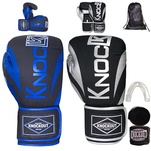 Knockout Elite Boxing Gloves 2 Pair Set, Complete Kit with Hand Wraps, Bag Pack, and Mouth Guard - Size 8oz-16oz-All Color Available - color: Silver / Blue, size: 14 oz