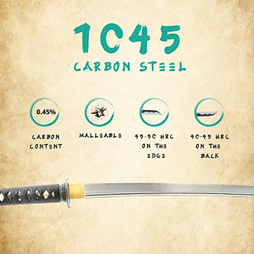 Katana Samurai Sword for Dojo, Hand Forged Carbon Steel, Full Tang - color: 1045 Damascus Katana Bo-Hi 628