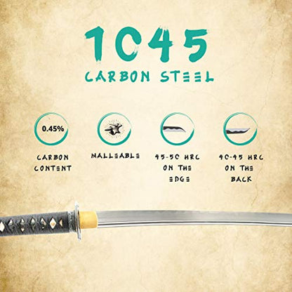 Katana Samurai Sword for Dojo, Hand Forged Carbon Steel, Full Tang - color: 1045 Damascus Katana Bo-Hi 628