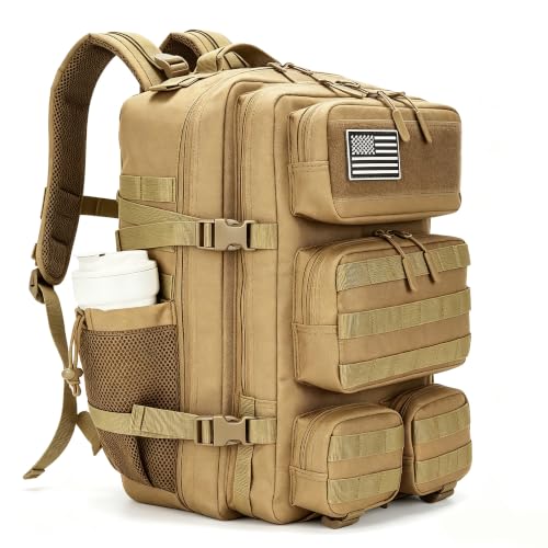 55L Tactical Backpack Heavy Duty Military Rucksack Molle Backpack 3 Day Assault Pack for Work Outdoors - color: Khaki