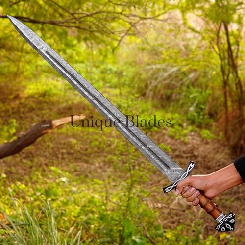 Functional Viking Sword - Hand Forged Damascus Steel 101.6cm Battle Ready Norse Longsword - Full Tang Medieval Replica with Wood Scabbard & Blood Groove for Combat & Training