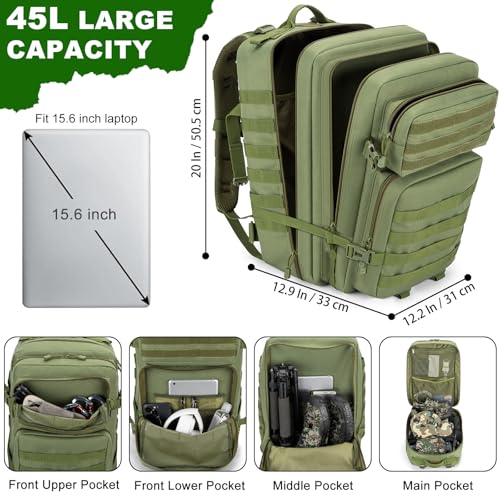 45L Large Tactical Backpack Military MOLLE 3 Day Bug Out Bag - color: Armygreen
