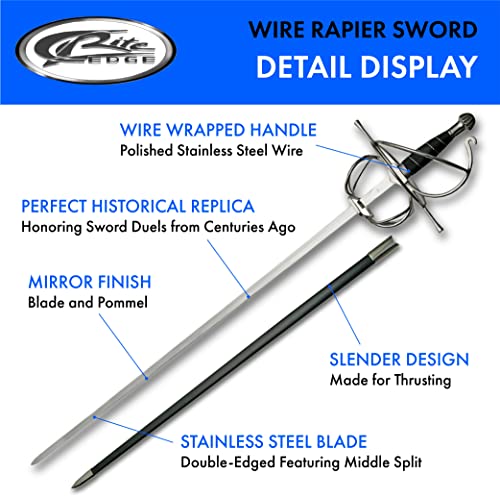 SZCO Supplies 43.5” Fancy Rapier Sword for Adults with Scabbard, Medieval Fencing Sword, Stainless Steel Metal Blade, Black Wire Wrapped Handle, Silver Guard, and Pommel – Swords Real for Collectors