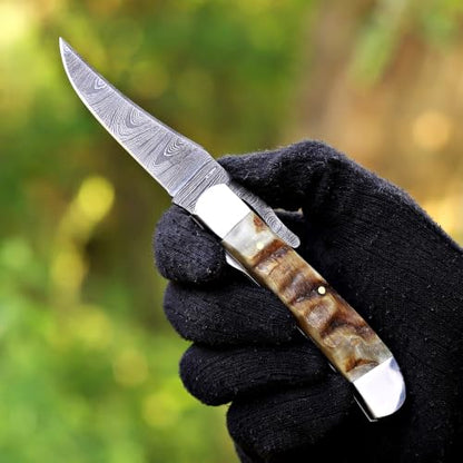 ,Handcrafted Damascus Steel Rus Lock Pocket Knife with, Traditional Folding Blade, Everyday carry, with leather sheath (Ram) - color: Brown