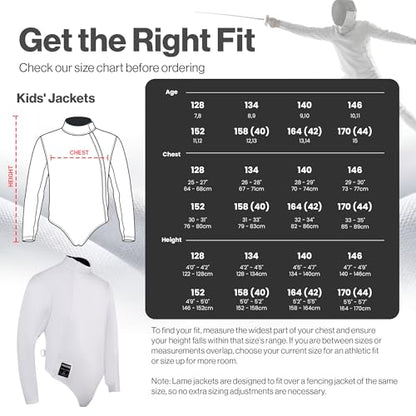 Kids Fencing Jacket 350N, Unisex Youth, Novus Breathable Lightweight Stretch Uniform for Foil Epee and Saber, Competition Approved (Right Hand, 140) - size: 140, style: Right Hand