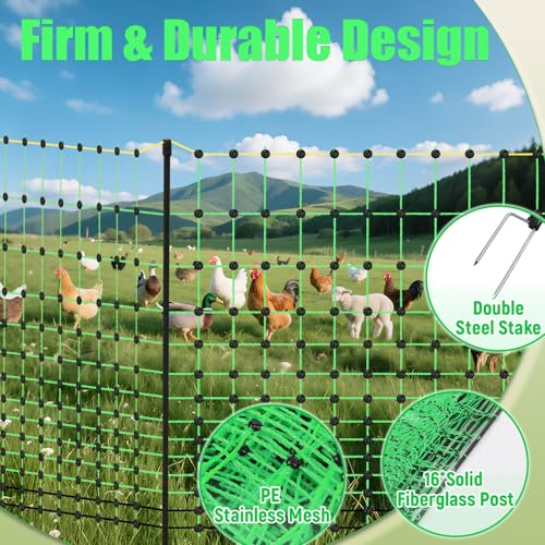 48" x 164' Portable Chicken Fence Kit, Electric Poultry Netting with 16 Posts & 2 Spikes, Anti-Predator Electric Fencing for Chicken, Ducks, Goats, Farm & Ranch Use