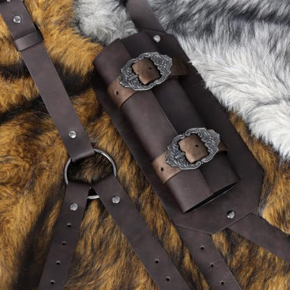 Medieval 2-in-1 Shoulder Armor with Back Sword Frog for LARP Cosplay - color: Dark Brown a