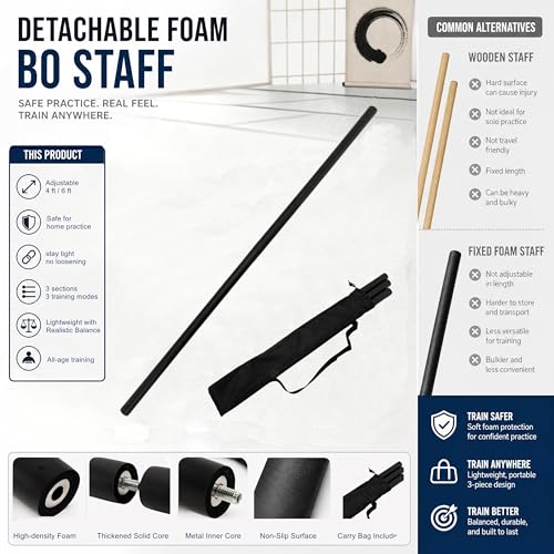 Collapsible Bo Staff 4ft & 6ft Detachable Foam Training Staff – Lightweight with Carry Bag, Safe Non-Slip Thickened Core for Home Practice, Martial Arts Kata Karate Kung Fu for Beginners Kids & Adults
