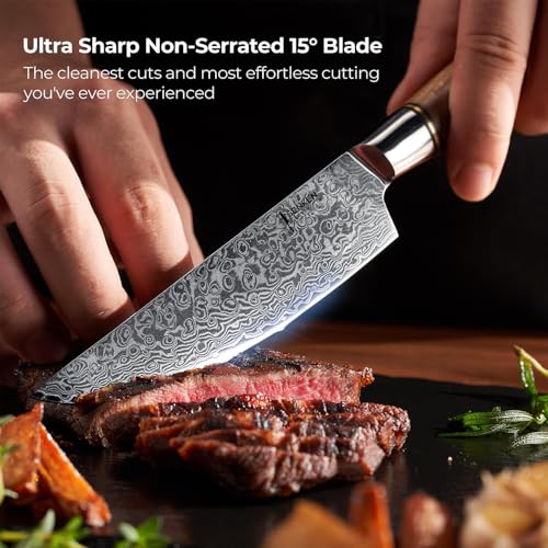 SENKEN 6-Piece Damascus Steel Steak Knife Set - Non-Serrated Steak Knives with Sycamore Wood Handles - The Dynasty Collection - 67-Layer Japanese VG10 Steel (6-Piece Steak Knife Set) - size: 6-Piece Steak Knife Set