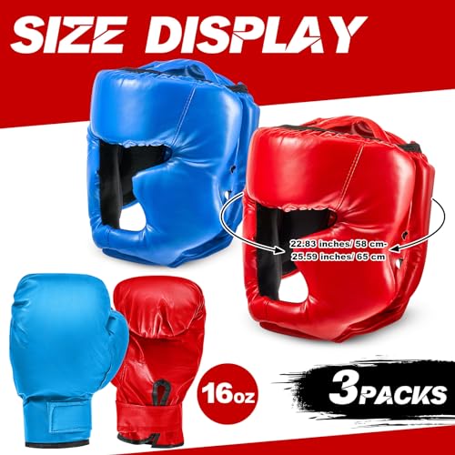 Kanayu 3 Pcs Boxing Headgears 3 Pair Gloves Set - color: Black, Blue, Red, size: Adult