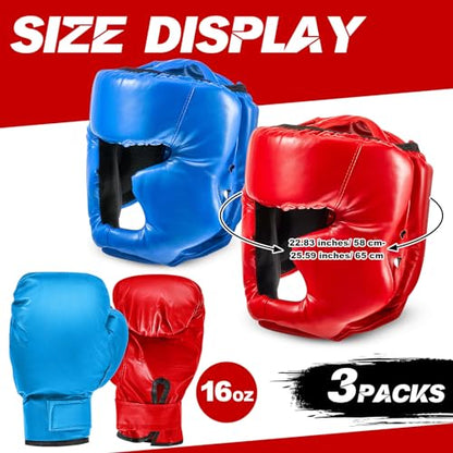 Kanayu 3 Pcs Boxing Headgears 3 Pair Gloves Set - color: Black, Blue, Red, size: Adult