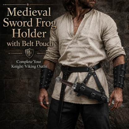 Medieval Pirate Sword Belt Pouch Set with Sword Frog For Larp Viking - color: Black-a
