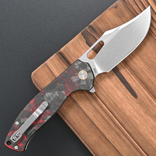 FF25 Folding Knife, DC53 Steel Blade Carbon Fiber Handle with Pocket Clip for Outdoor Camping Fishing Working Survival EDC (Red) - color: Red