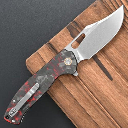 FF25 Folding Knife, DC53 Steel Blade Carbon Fiber Handle with Pocket Clip for Outdoor Camping Fishing Working Survival EDC (Red) - color: Red
