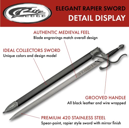 SZCO 38" Rapier Sword – Decorative Renaissance Elegant European Fencing Sword with 420 Stainless Steel Blade, Zinc Alloy Handle & Leather Scabbard for Collectors, LARP & Cosplay