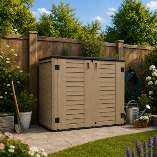 ADDOK Outdoor Storage Cabinet, 35 Cu.Ft Horizontal Resin Storage Shed - color: Brown, size: 35 Cu.Ft