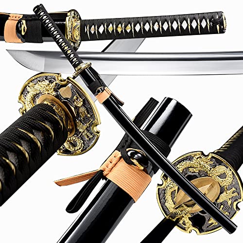 Traditional Heat/Clay Tempered Hand Forged Katana Sword | Real 1060/1095 T10 High Carbon Steel Sharp Full Tang Katanas | Practical Authentic Japanese Samurai Swords - color: Double Golden Dragon