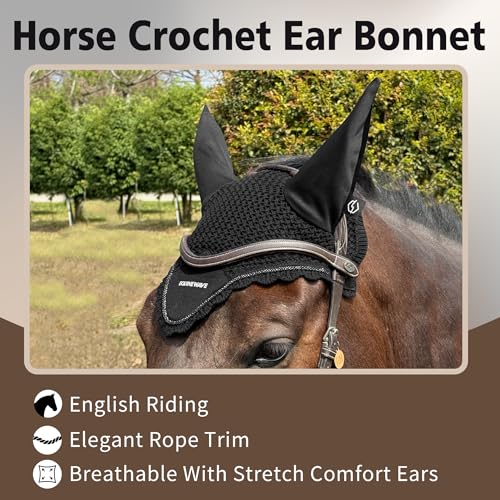 EQUINEWAVE Horse Fly Bonnet, Breathable Crochet Ear Bonnet with Stretch Comfort Ears, Contoured Fit for English Riding - color: BLACK