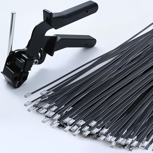Stainless Steel Cable Tie Gun & 100pcs 12in Black Metal Zip Ties - color: 100pcs Black