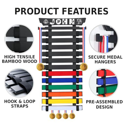 10/12 Belts Karate Belt Display Rack, Pure Bamboo Wood, Themed Stickers, Medal Hangers - Taekwondo Belt Display, Jiu Jitsu, BJJ, Martial Arts - color: BLACK, style: 12 BELTS