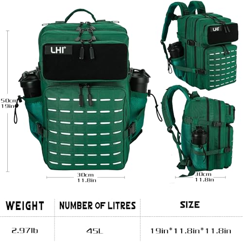 LHI Tactical Military Backpack for Men 25L/45L Large Molle Army Assault Pack 3 Day Hiking Rucksack With Bottle Holder - color: Dark Green, size: 45L