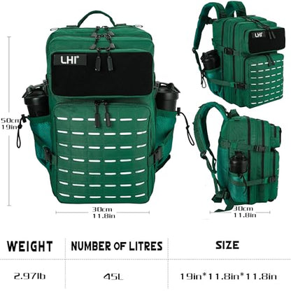 LHI Tactical Military Backpack for Men 25L/45L Large Molle Army Assault Pack 3 Day Hiking Rucksack With Bottle Holder - color: Dark Green, size: 45L