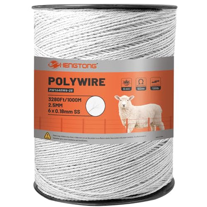 Electric Fence Polywire 3280ft (1000m), 6-Strand Stainless Steel Conductors, Rust & UV Resistant, Portable Electric Fencing, Durable & Reliable Conductivity, White - size: 3280ft