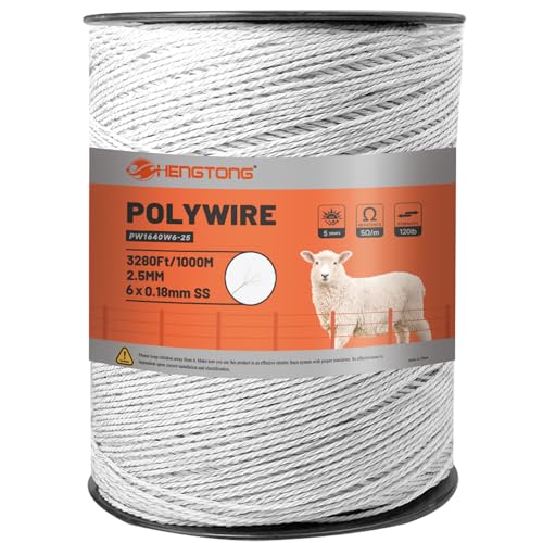 Electric Fence Polywire 3280ft (1000m), 6-Strand Stainless Steel Conductors, Rust & UV Resistant, Portable Electric Fencing, Durable & Reliable Conductivity, White - size: 3280ft