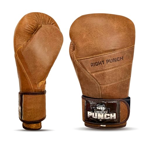 Rightpunch Premium Cowhide Leather Brown Boxing Gloves| Training Boxing Gloves Men & Women | Ideal for Sports & Muay Thai - size: 14OZ