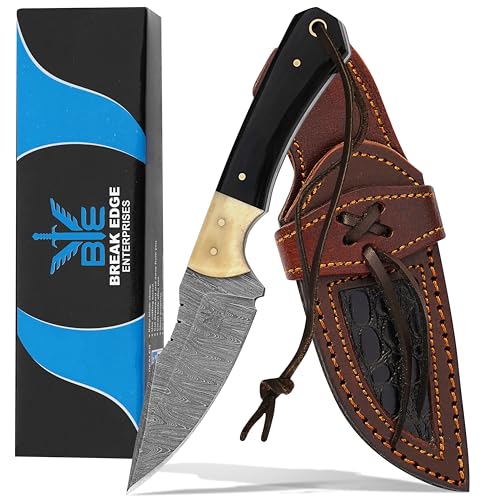Handmade Damascus Steel Hunting Knife, Fixed Blade, Bone & Horn Handle, Drop Point, 3.5 Inch Blade, Leather Sheath - color: Black&Golden
