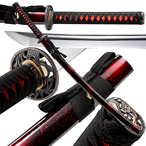 Traditional Heat/Clay Tempered Hand Forged Katana Sword | Real 1060/1095 T10 High Carbon Steel Sharp Full Tang Katanas | Practical Authentic Japanese Samurai Swords - color: Sun Flowers