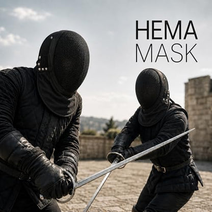 Hema Mask 1600N Black, Hema Helmet with Steel Mesh Face Guard and Padded Neck Bib for Longsword Saber Rapier Controlled Sparring, Fencing Mask
